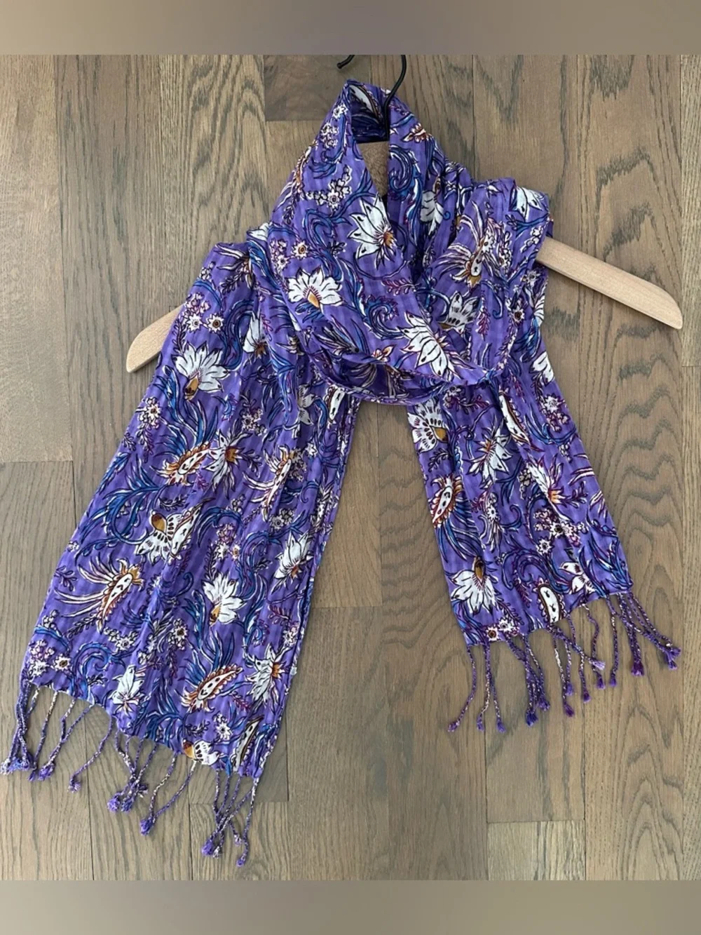 Anthropologie Floral Block Print Gauze Oblong Fringe Scarf Purple Multicolor 72